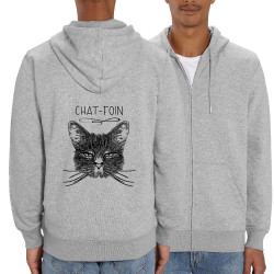 Sweat homme zippé à capuche coton bio gris chiné Chat-foin (Gondrax,Les Bébêtes,Animaux,Chats)