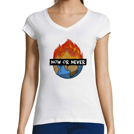 T-shirt femme col V "Now or...
