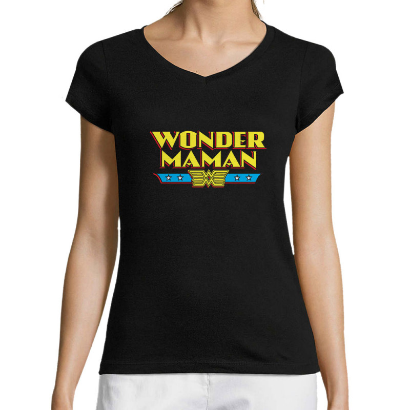 T-shirt femme col V noir Wonder Maman (Humour,Films/Séries,Fête des mères,Détournements,Papa Maman Papy Mamie)