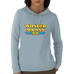 Sweat femme à capuche coton bio bleu ciel Wonder Maman (Humour,Films/Séries,Fête des mères,Détournements,Papa Maman Papy Mamie)