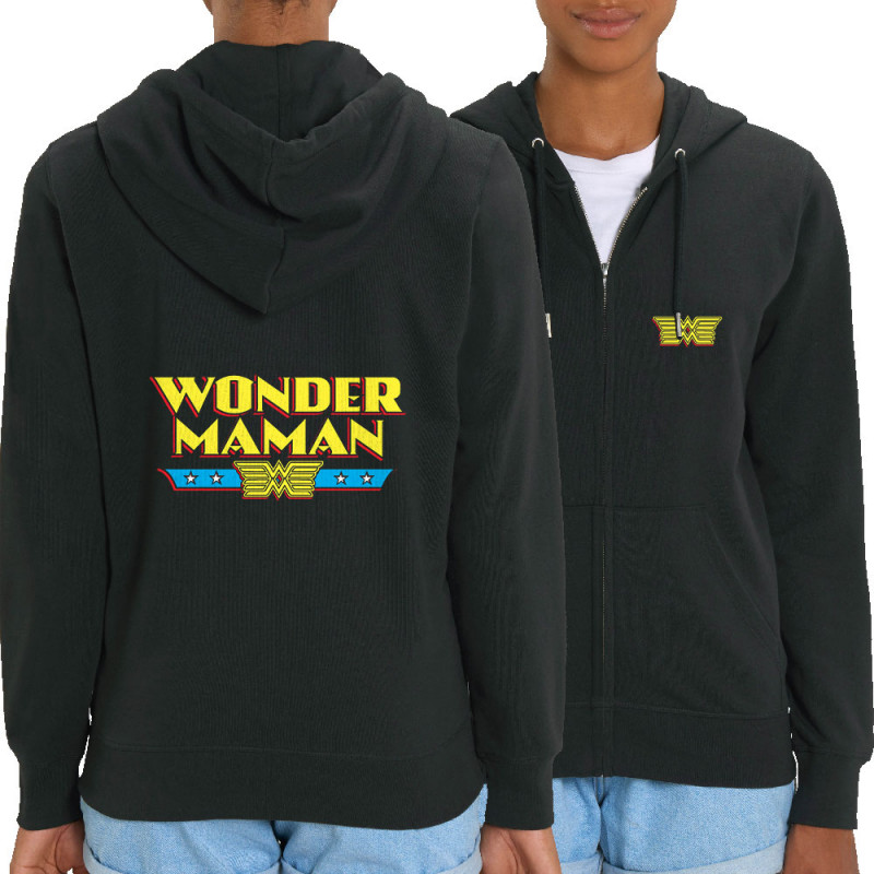 Sweat femme zippé à capuche coton bio noir Wonder Maman (Humour,Films/Séries,Fête des mères,Détournements,Papa Maman Papy Mamie)