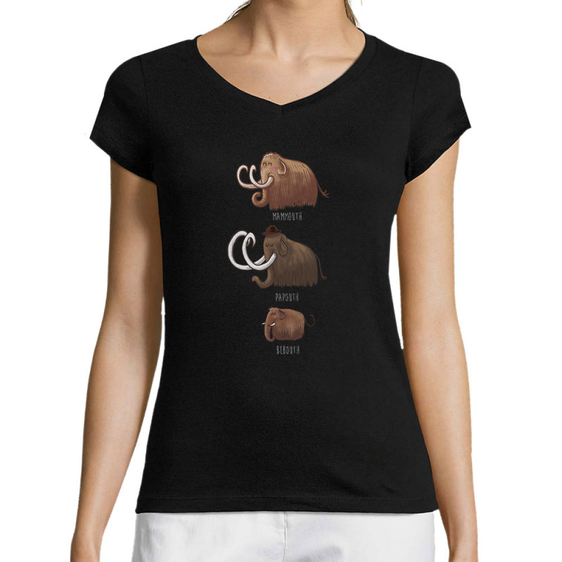 T-shirt femme col V noir Mammouth Family (Mr Mouton,Animaux)