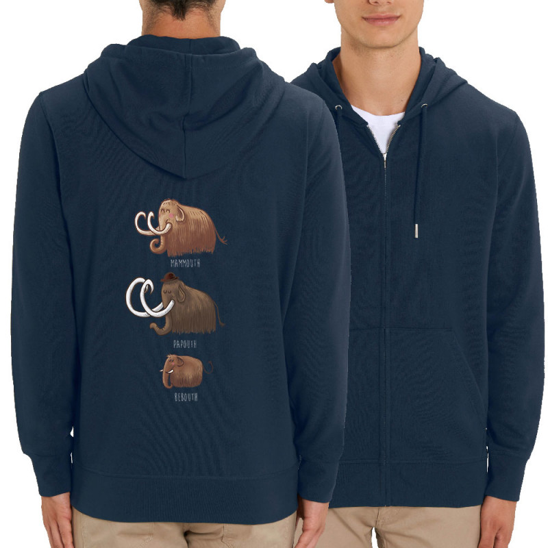 Sweat homme zippé à capuche coton bio bleu marine Mammouth Family (Mr Mouton,Animaux)