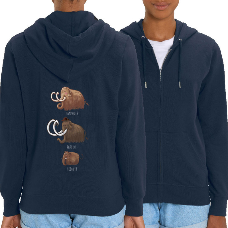 Sweat femme zippé à capuche coton bio bleu marine Mammouth Family (Mr Mouton,Animaux)