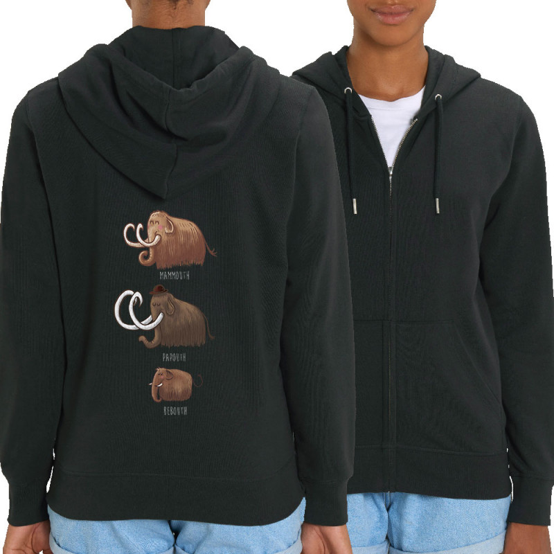Sweat femme zippé à capuche coton bio noir Mammouth Family (Mr Mouton,Animaux)