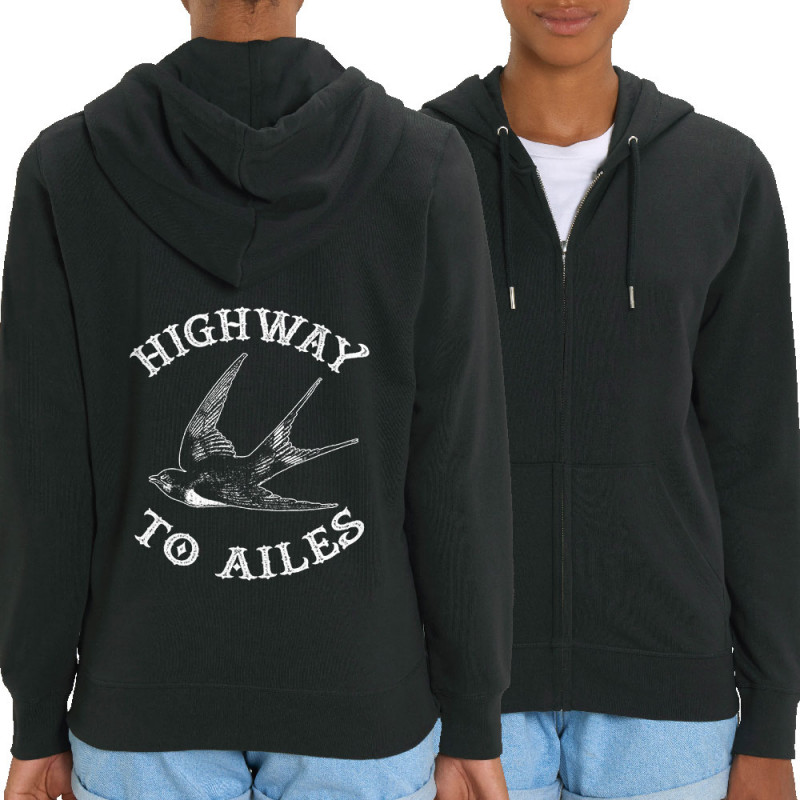 Sweat femme zippé à capuche coton bio noir Highway to Ailes (Gondrax,Les Bébêtes,Animaux,Humour)