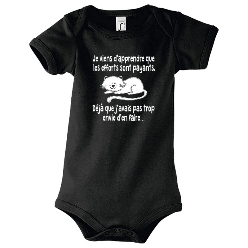 Body bébé noir Les efforts sont payants (Gondrax,Humour,Animaux,Chats,Paresse)