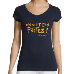 T-shirt femme col V bleu marine On veut des frites (Gondrax,Fruits & Légumes,Slogans Débiles)