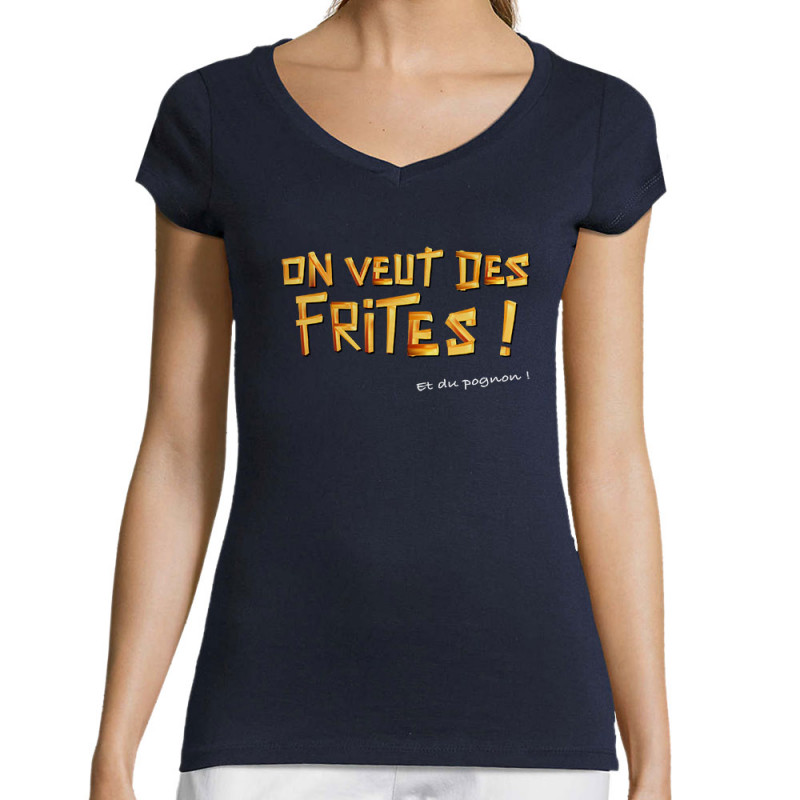 T-shirt femme col V bleu marine On veut des frites (Gondrax,Fruits & Légumes,Slogans Débiles)