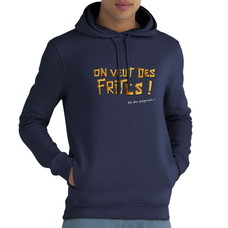 Sweat homme à capuche coton bio bleu marine On veut des frites (Gondrax,Fruits & Légumes,Slogans Débiles)