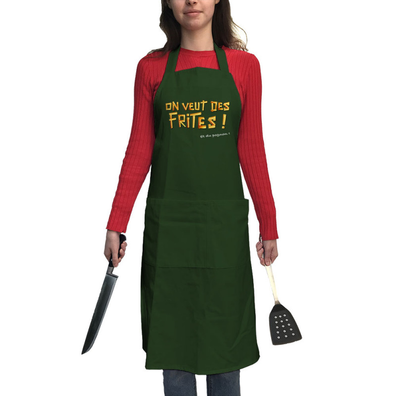 Tablier unisexe vert bouteillle On veut des frites (Gondrax,Fruits & Légumes,Slogans Débiles)