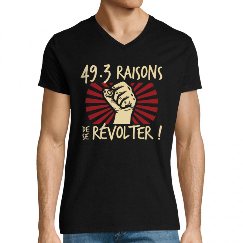 T-shirt homme col V noir 49-3 raisons de se révolter (Gondrax,Slogans engagés)