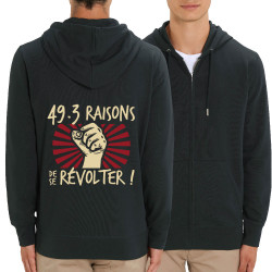 Sweat homme zippé à capuche coton bio noir 49-3 raisons de se révolter (Gondrax,Slogans engagés)