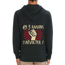 Sweat homme zippé à capuche coton bio noir 49-3 raisons de se révolter (Gondrax,Slogans engagés)