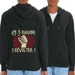 Sweat femme zippé à capuche coton bio noir 49-3 raisons de se révolter (Gondrax,Slogans engagés)