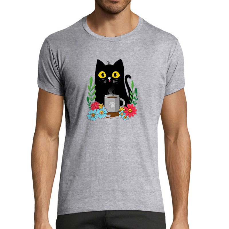 T-shirt homme fit gris chiné Coffee cat (Animaux,Fruits & Légumes,Manga Kawaï japan,Chats)