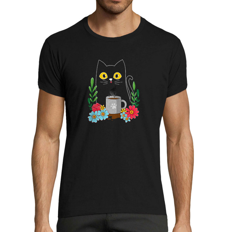 T-shirt homme fit noir Coffee cat (Animaux,Fruits & Légumes,Manga Kawaï japan,Chats)