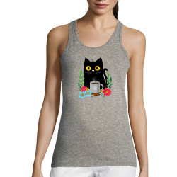 Débardeur femme gris chiné Coffee cat (Animaux,Fruits & Légumes,Manga Kawaï japan,Chats)