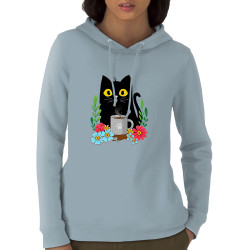 Sweat femme à capuche coton bio bleu ciel Coffee cat (Animaux,Fruits & Légumes,Manga Kawaï japan,Chats)