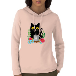 Sweat femme à capuche coton bio rose clair Coffee cat (Animaux,Fruits & Légumes,Manga Kawaï japan,Chats)