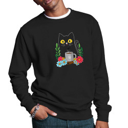 Sweat homme col rond noir Coffee cat (Animaux,Fruits & Légumes,Manga Kawaï japan,Chats)