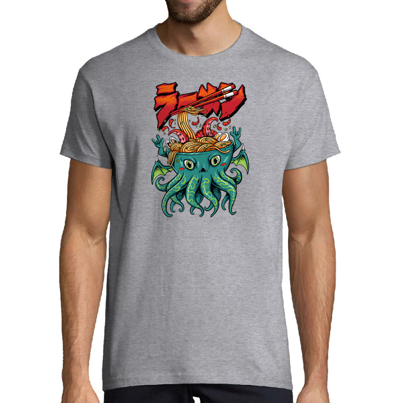 Tee-shirt homme gris chiné Cthulhu noodles (Manga Kawaï japan,Jeux Vidéo / Geek)