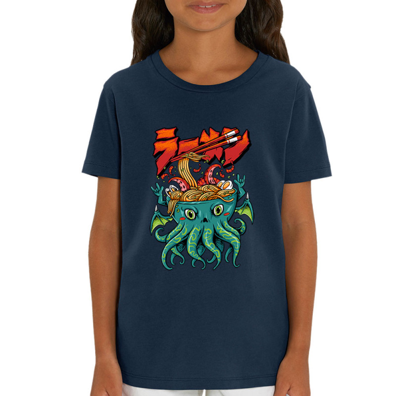 T-shirt enfant coton bio bleu marine Cthulhu noodles (Manga Kawaï japan,Jeux Vidéo / Geek)