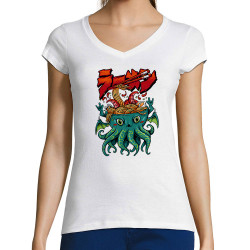T-shirt femme col V blanc Cthulhu noodles (Manga Kawaï japan,Jeux Vidéo / Geek)