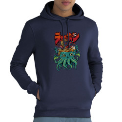 Sweat homme à capuche coton bio bleu marine Cthulhu noodles (Manga Kawaï japan,Jeux Vidéo / Geek)
