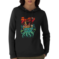 Sweat femme à capuche coton bio noir Cthulhu noodles (Manga Kawaï japan,Jeux Vidéo / Geek)