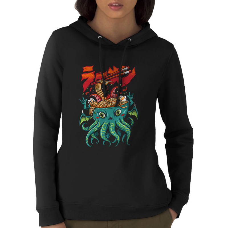 Sweat femme à capuche coton bio noir Cthulhu noodles (Manga Kawaï japan,Jeux Vidéo / Geek)