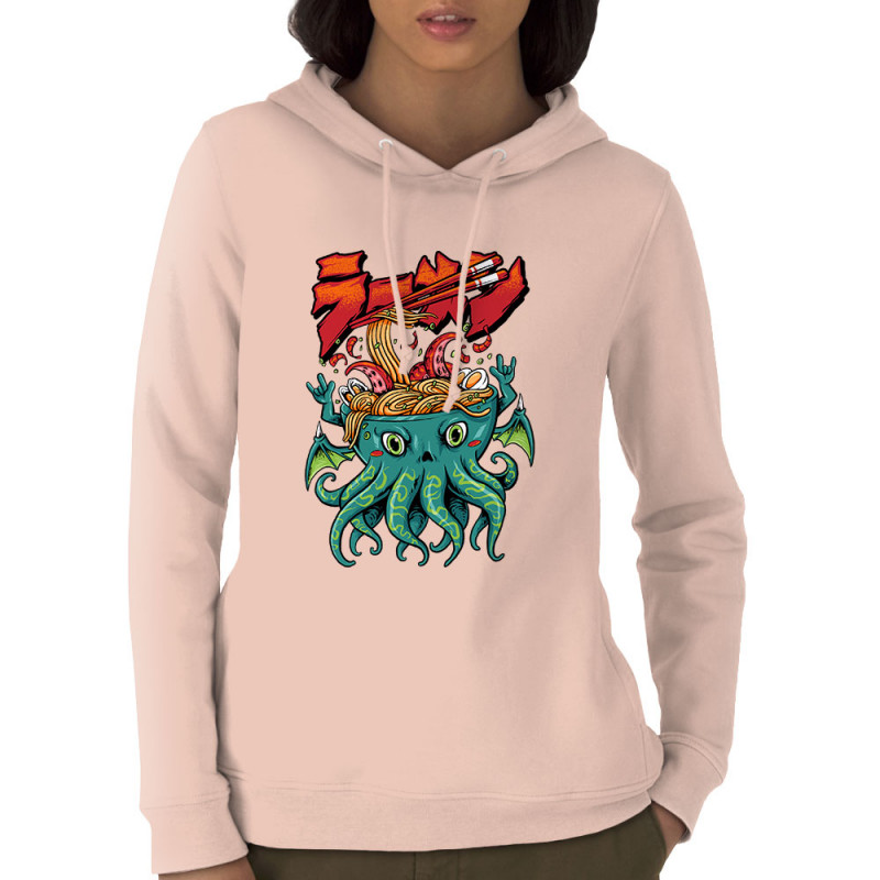Sweat femme à capuche coton bio rose clair Cthulhu noodles (Manga Kawaï japan,Jeux Vidéo / Geek)