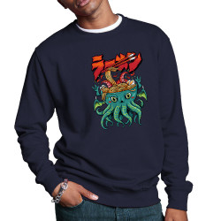 Sweat homme col rond bleu marine Cthulhu noodles (Manga Kawaï japan,Jeux Vidéo / Geek)