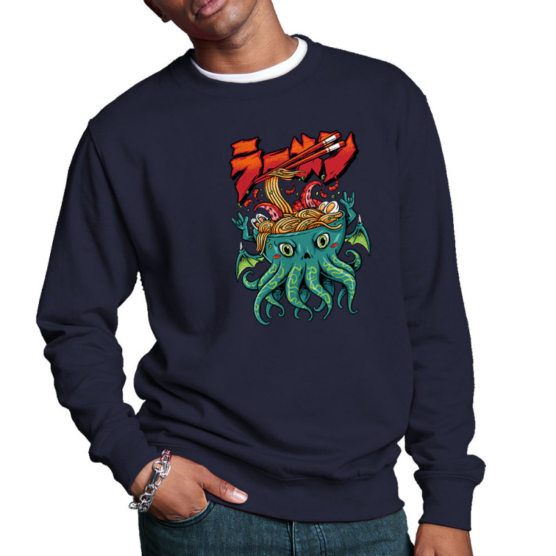 Sweat homme col rond bleu marine Cthulhu noodles (Manga Kawaï japan,Jeux Vidéo / Geek)