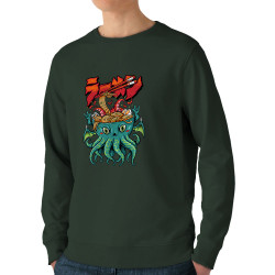 Sweat homme bio col rond vert foncé Cthulhu noodles (Manga Kawaï japan,Jeux Vidéo / Geek)