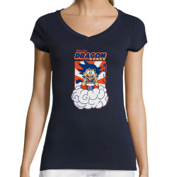 T-shirt femme col V bleu marine Dragon Ball Ramen (Manga Kawaï japan,Jeux Vidéo / Geek)