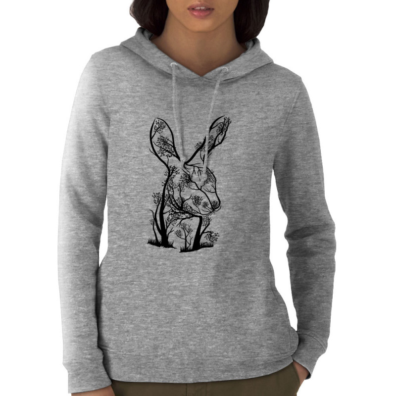 Sweat femme à capuche coton bio gris chiné Rabbit Tree (Caffein Art,Animaux,Ethnique)