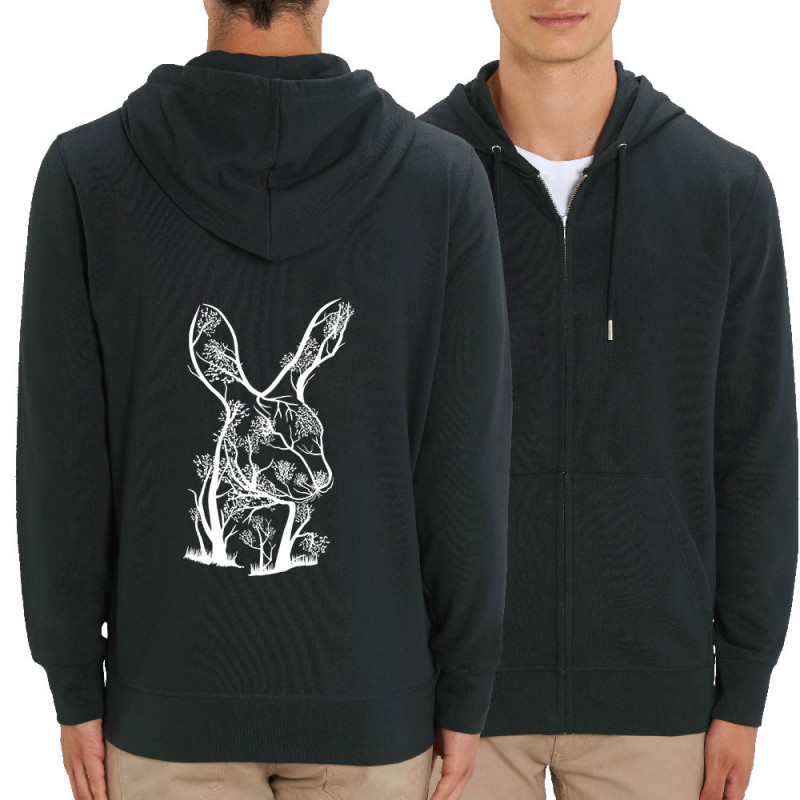 Sweat homme zippé à capuche coton bio noir Rabbit Tree (Caffein Art,Animaux,Ethnique)