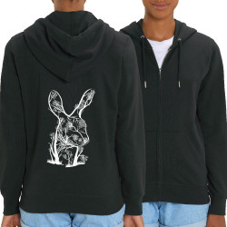 Sweat femme zippé à capuche coton bio noir Rabbit Tree (Caffein Art,Animaux,Ethnique)