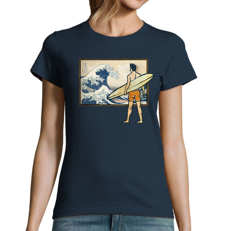 T-shirt femme bleu marine Brice Hokusaï (Gondrax,Humour,Hokusaï,Musée,Skate)