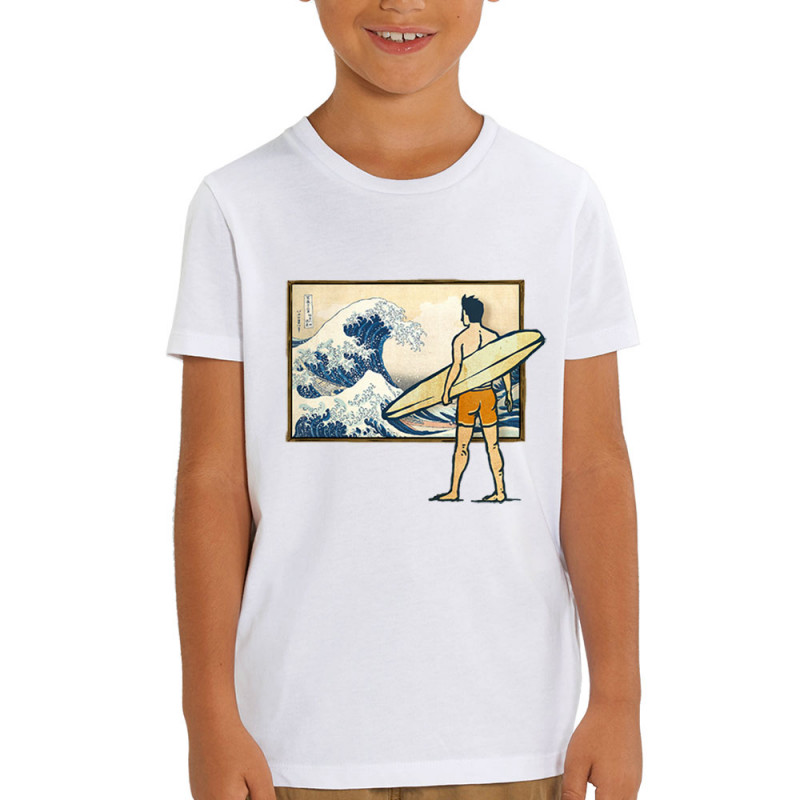T-shirt enfant coton bio blanc Brice Hokusaï (Gondrax,Humour,Hokusaï,Musée,Skate)