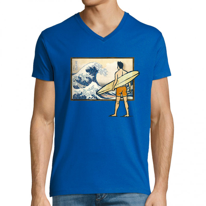 T-shirt homme col V bleu royal Brice Hokusaï (Gondrax,Humour,Hokusaï,Musée,Skate)