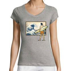T-shirt femme col V gris chiné Brice Hokusaï (Gondrax,Humour,Hokusaï,Musée,Skate)