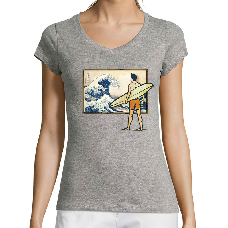 T-shirt femme col V gris chiné Brice Hokusaï (Gondrax,Humour,Hokusaï,Musée,Skate)