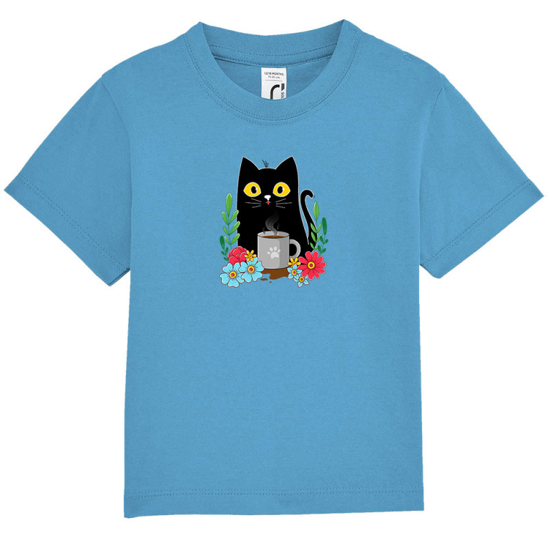 T-shirt bébé bleu azur Coffee cat (Animaux,Fruits & Légumes,Manga Kawaï japan,Chats)