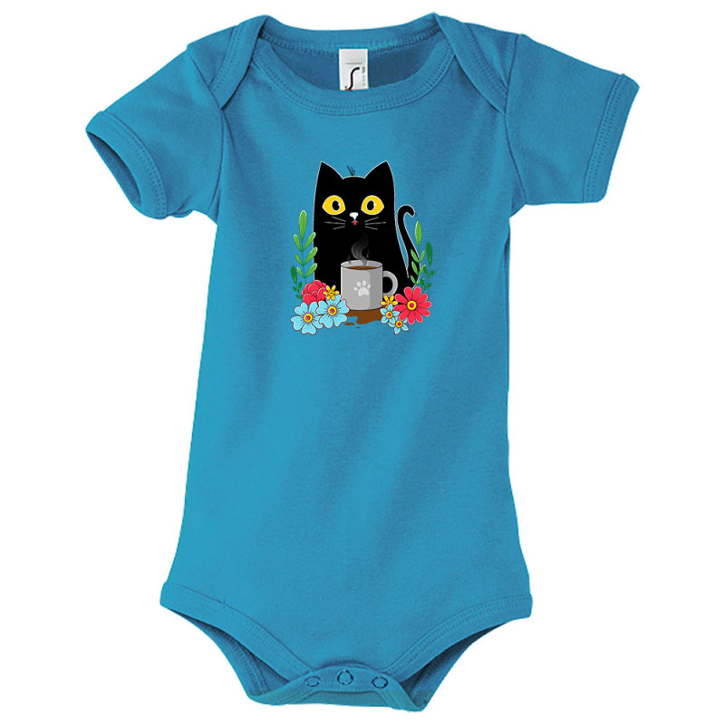 Body bébé bleu azur Coffee cat (Animaux,Fruits & Légumes,Manga Kawaï japan,Chats)