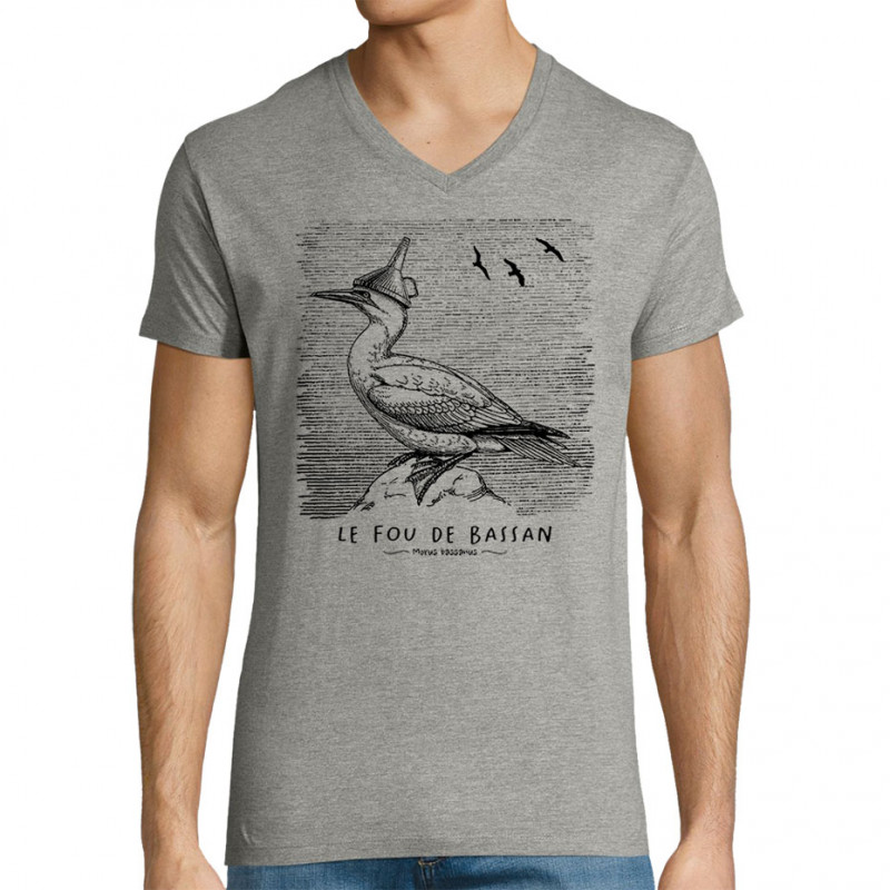 T-shirt homme col V gris chiné Le Fou de Bassan (Gondrax,Les Bébêtes,Animaux)
