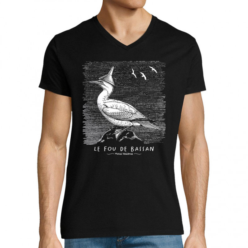 T-shirt homme col V noir Le Fou de Bassan (Gondrax,Les Bébêtes,Animaux)