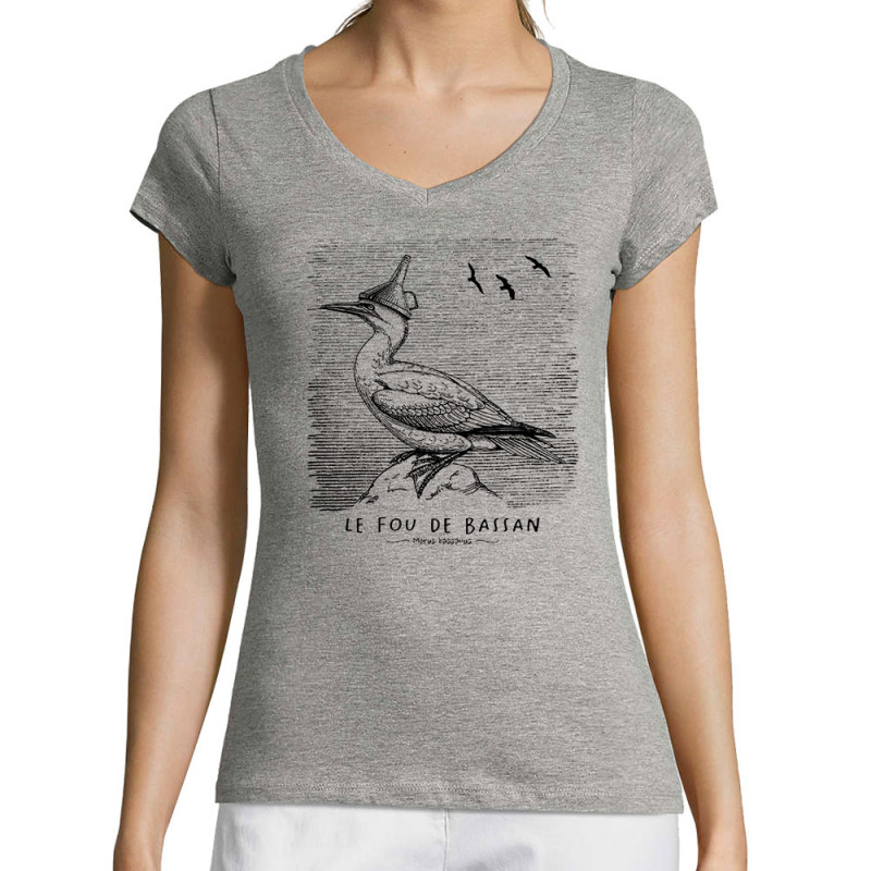 T-shirt femme col V gris chiné Le Fou de Bassan (Gondrax,Les Bébêtes,Animaux)