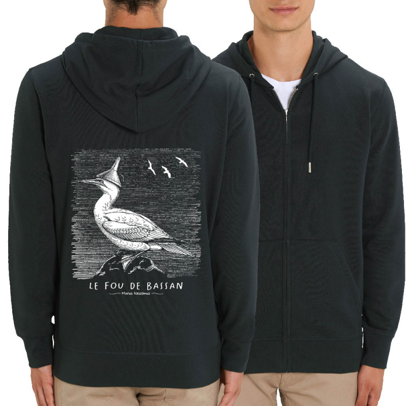 Sweat homme zippé à capuche coton bio noir Le Fou de Bassan (Gondrax,Les Bébêtes,Animaux)